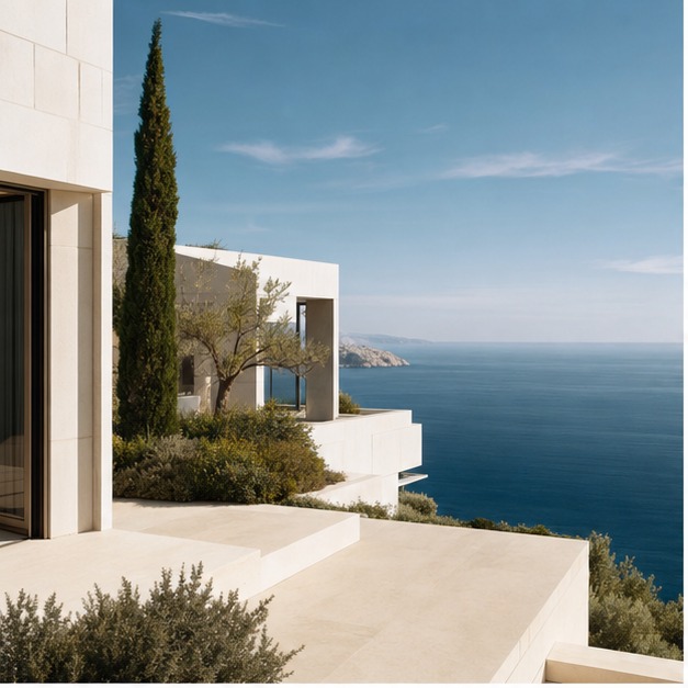 Moderne mediterrane Architektur mit Blick auf das Meer
