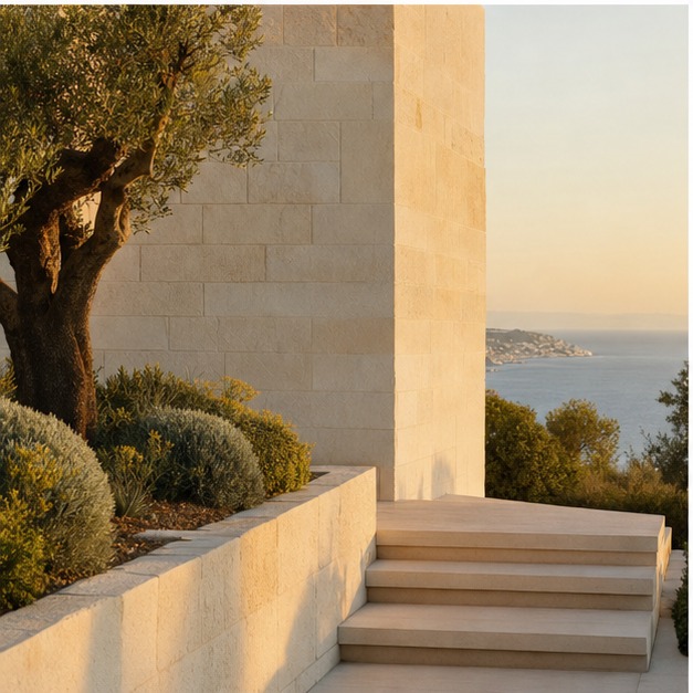Naturstein und mediterrane Vegetation im warmen Licht